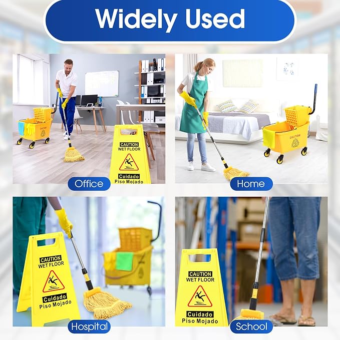 Maxdot 35 Quart Commercial Mop Bucket with Side Press Wringer on Wheels 10 Pcs Set Yellow Industrial Mop and Bucket with Caution Sign 5 Microfiber Cleaning Rag and 2 Gloves Set for Floor Cleaning
