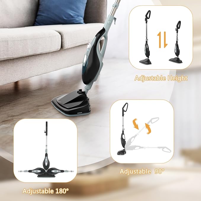 12 in 1 Steam Mop, Handheld Steam Cleaner with 2 Washable Pads, Floor Steamer for Hardwood and Tile, Multipurpose Floor Cleaner Machine for Carpets, Furniture, Windows, Black and Grey