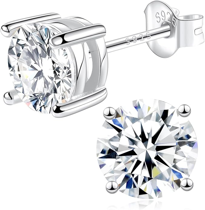 Moissanite Stud Earrings, 0.6–3.0ct Lab Created Diamond Earrings for Women & Men, D Color VVS1 Clarity, 925 Sterling Silver, 14K White Gold Plated, Hypoallergenic Solitaire Studs Jewelry Gift