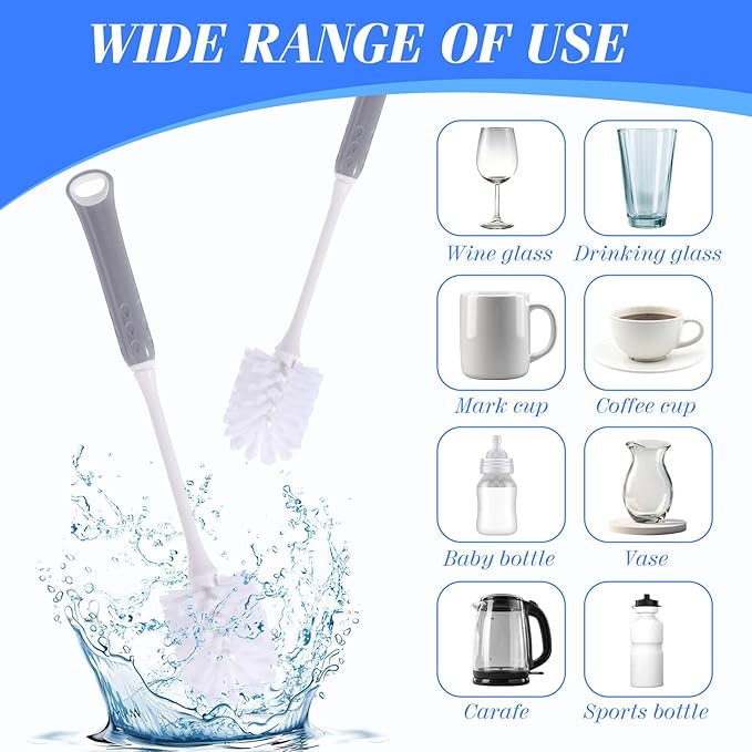 Reallnaive 24 Pack Long Handle Bottle Brush 12.8 Inch Water Bottle Cleaning Brush, Flexible Scrub, Long-Lasting Bristles for Water Cups, Glasswares, Mugs, Flat Handle