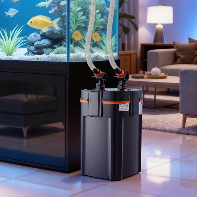 VEVOR 343GPH Canister Filter, 4-Stage External Aquarium Filter with Timed Light, Powerful Pump, Water Circulation Cleaning with Media for Large Fish Tanks & Aquariums Up to 125 Gallons, for Freshwater