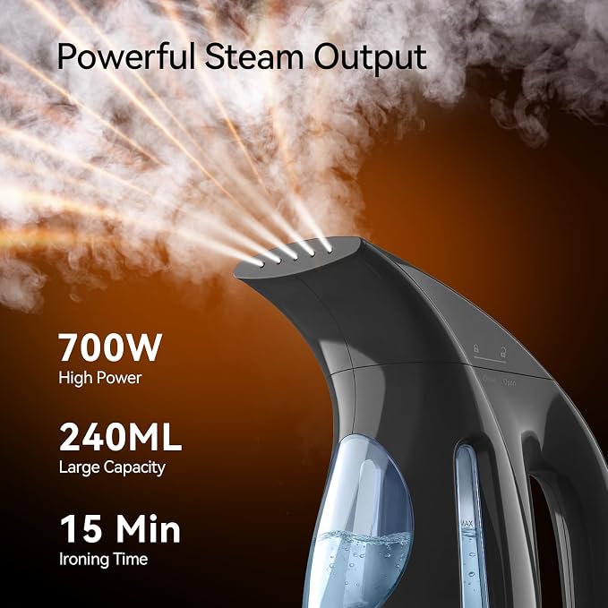 HiLIFE Steamer for Clothes, Portable Handheld Design, 240ml Big Capacity, 700W, Strong Penetrating Steam, Removes Wrinkle, for Home, Office(ONLY FOR 120V) (Ink Black)
