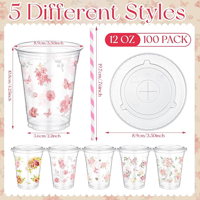 FoldTier 100 Pcs 12 oz Pink Floral Plastic Cups with Lids and Straws - Tea Party Disposable Cold Drink Cups for Baby Bloom Baby Shower, Love in Bloom Bridal Shower, Flower Graduation Party Decoration