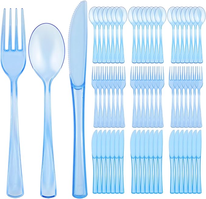 75 PCS Plastic Silverware Disposable Silverware Heavy Duty Utensil Sets 25 Of Each Forks Knives & Spoons Disposable Cutlery Set For Easter,Birthday,Baby Shower,Garden Party,Wedding(75,Light Blue)