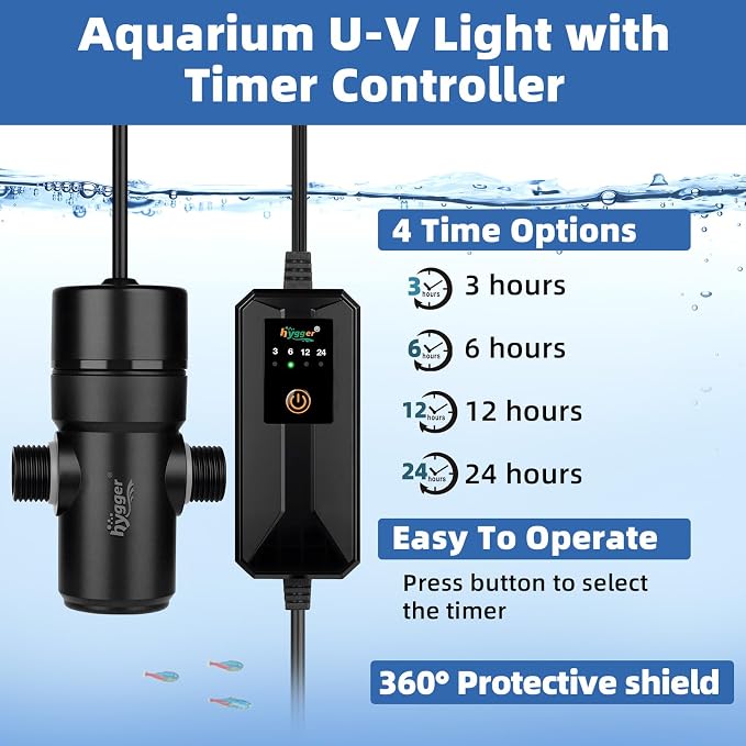hygger 5W Aquarium U-V Light with Timer, 360° Protective Shield Clean Light for Crystal Clear Green Water, Submersible Fish Tank Cleaner for 10–40 Gallon Freshwater & Saltwater Aquariums