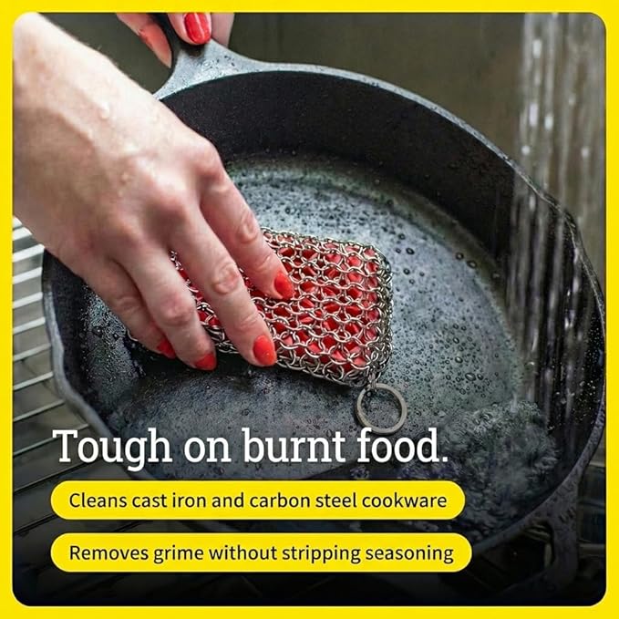 Lodge Chainmail Scrubber for Cast Iron Pans - Heavy Duty Stainless Steel Scrubbing Pad for Skillets, Dutch Ovens & Griddle Pans - Essential Cast Iron Cleaning Tool - Red