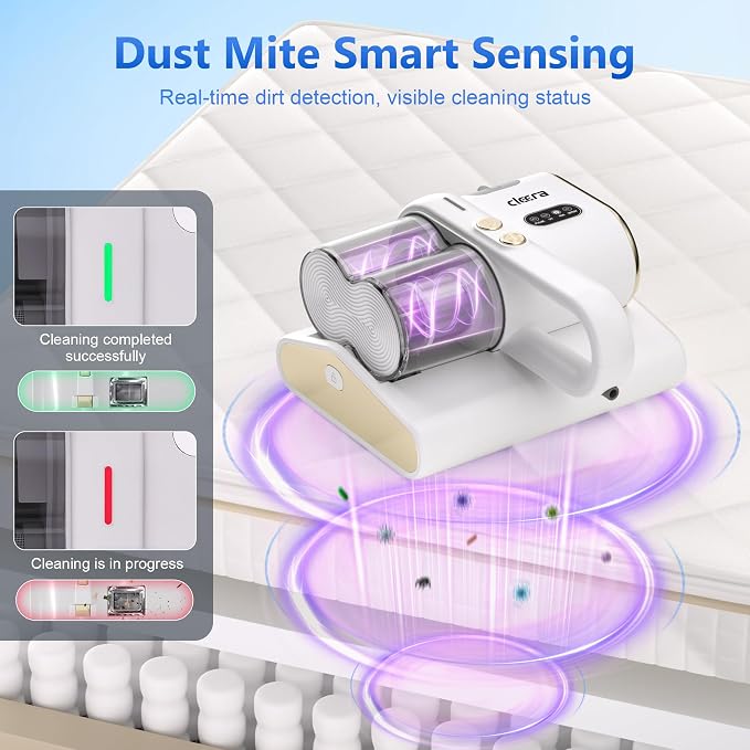 Mattress Vacuum Cleaner, 16KPa Suction, 14000RPM Tapping, 253.7nm UV-C Dual Optical Sensors, 400W Bed & Couch Vacuum, Dual Brushroll, Smart Dust Sensor, HEPA Filtration for Sofa Crib Carpet