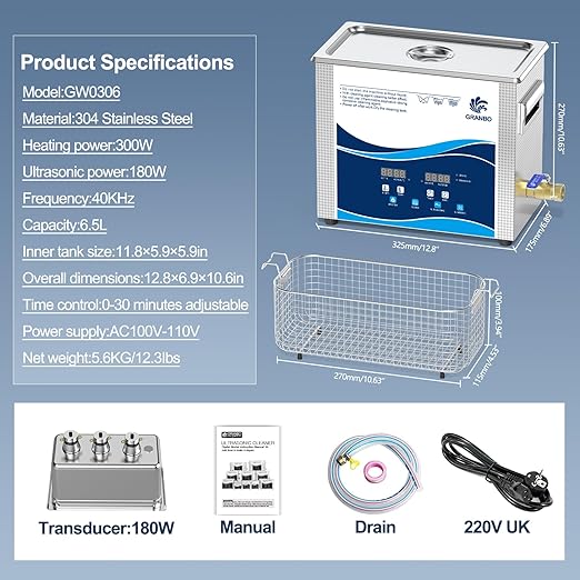 Granbo Ultrasonic Cleaner 6.5L 180W Jewelry Cleaning Ultrasonic Machine 40kHz with Heater Timer and Degassing, 110V Digital Ultrasonic Parts Cleaner for Jewelry Eyeglass Dental Parts Cleaning
