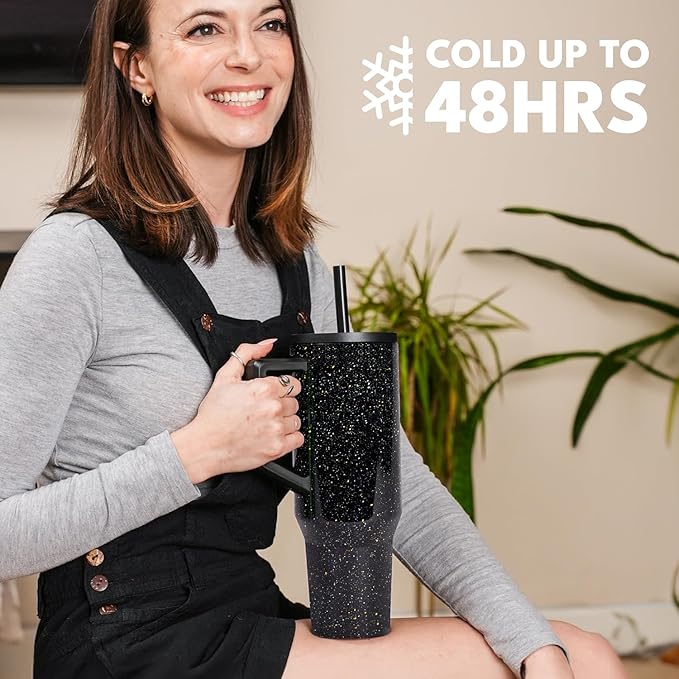 Elemental 40 oz Tumbler with Handle and Straw - Spill Proof Insulated Stainless Steel Commuter for Cold Beverages - Travel Coffee Mug with 2 Straws & Spill Proof Lid - 40oz - Black Speckle