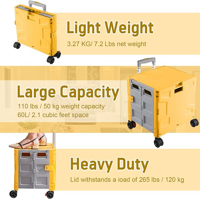 FELICON Folding Utility Cart Portable Rolling Crate Handcart with Durable Heavy Duty Plastic Telescoping Handle Collapsible Hidden Lid 4Rotate Wheels for Travel Shop Move Office Teacher(Yellow&Gray)