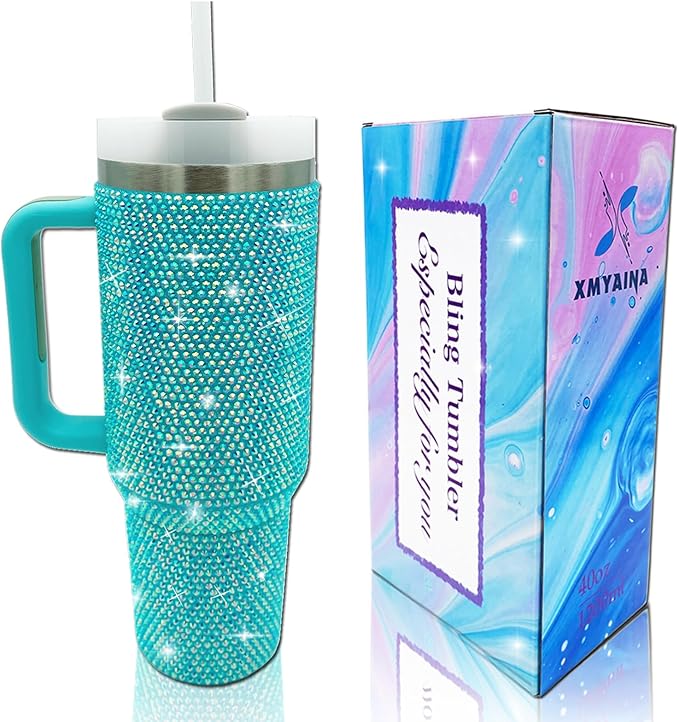 40oz Bling Tumbler with Handle and Straw Lid Rhinestone Studded Tumbler Cups Vacuum Insulated Stainless Steel Double Wall Water Bottle Travel Mug Gifts for Women Her (Blue)