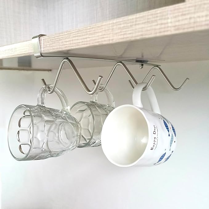 6 Hooks Under Cabinet Mug Holder for Coffee Cups and Kitchen Utensils, Silver