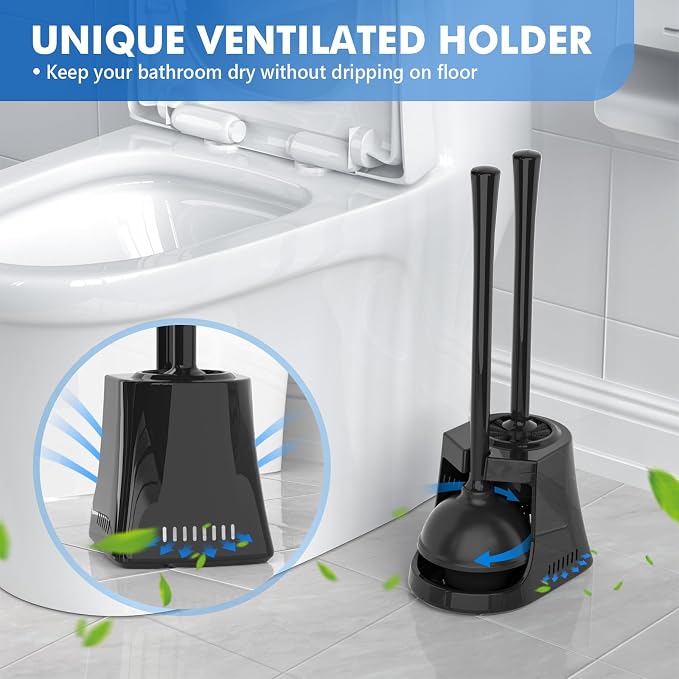LOVLOY Toilet Plunger and Brush, Bowl Brush and Heavy Duty Toilet Plunger Set with Ventilated Holder, 2-in-1 Toilet Brush and Plunger Combo for Bathroom Cleaning (2 Pack, Black)