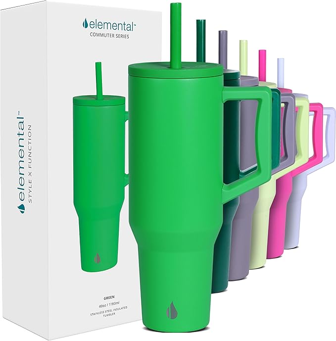Elemental 40 oz Tumbler with Handle and Straw - Spill Proof Insulated Stainless Steel Commuter for Cold Beverages - Travel Coffee Mug with 2 Straws & Spill Proof Lid - 40oz - Green