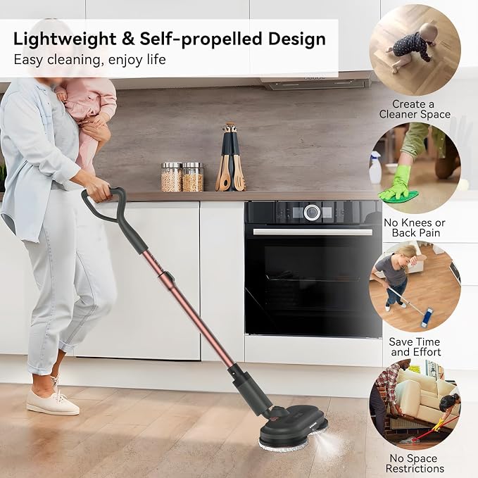 VMAI Cordless Electric Mop, Electric Mops for Floor Cleaning, Spin Mop with LED Headlight, Water Spray, Cordless Mop Up to 60 mins Detachable Battery, Floor Scrubber for Hardwood Floors