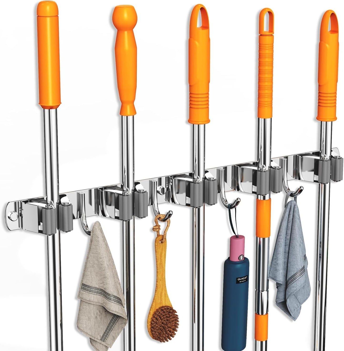 Broom and Mop Organizer Wall Hanging, Upgraded Mop and Broom Holder Wall Mount, Stainless Steel Broom Hanger Wall Mount for Laundry Room Organization and Storage（5 Racks with 4 Hooks）