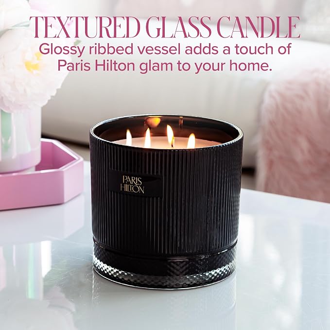 Paris Hilton Pink Spritz Scented Candle, Black Ribbed Glass Vessel with Faceted Diamond Detail, Premium Plant Wax Blend, 4-Wicks, 40-Ounce