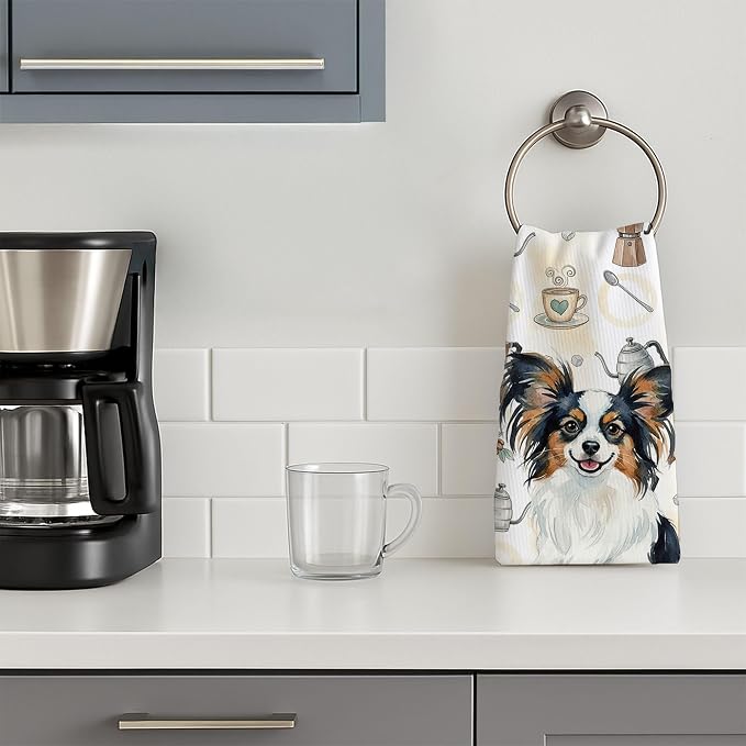 Caroline's Treasures Tricoilor Papillon Coffee Bar Kitchen Towel Velour Plush Front and Cotton Loop Back Machine Washable