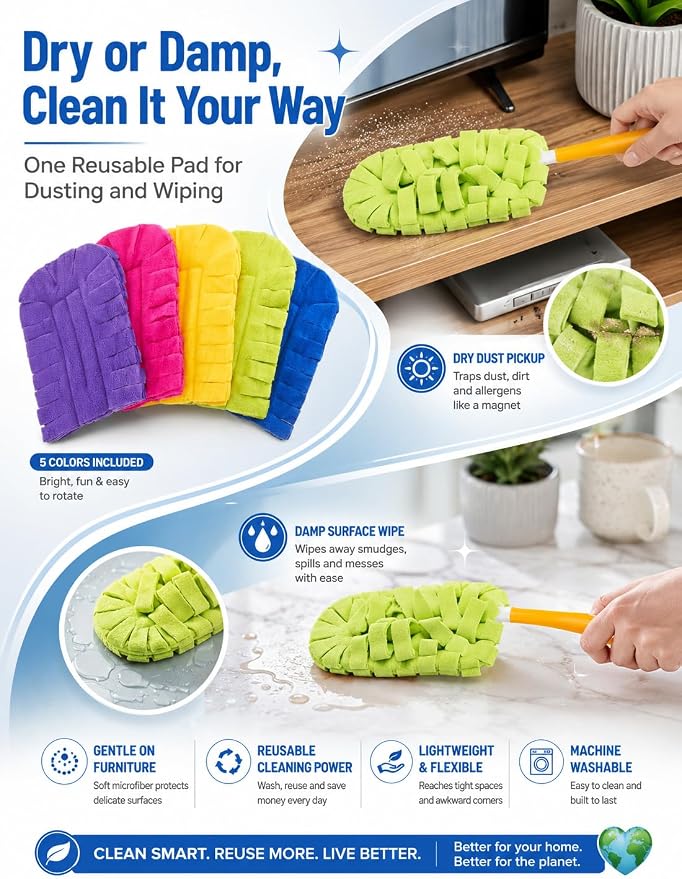 Duster Refills Damp Reusable Microfiber Pads Bendable Chenille Replacement Heads Dust with Removable Washable Cloth Covers with Extended Handle Fleece for Cleaning Dry Heavy Duty