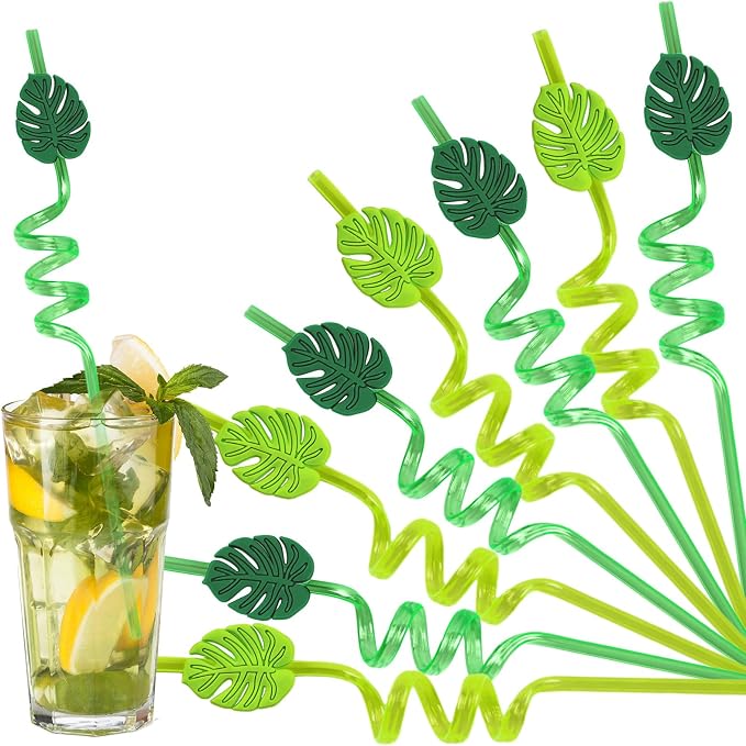 JarThenaAMCS 24Pcs Hawaiian Tropical Straws with 2Pcs Cleaning Brushes Green Palm Leaves Reusable Plastic Straws Summer Drinking Straw for Tropical Beach Pool Party Supplies