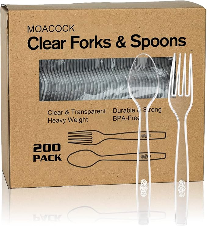 MOACOCK 200 Count Plastic Silverware, Heavy Weight Plastic Forks Spoons Disposable Utensils Cutlery Set for Wedding Party Supplies Everyday Use