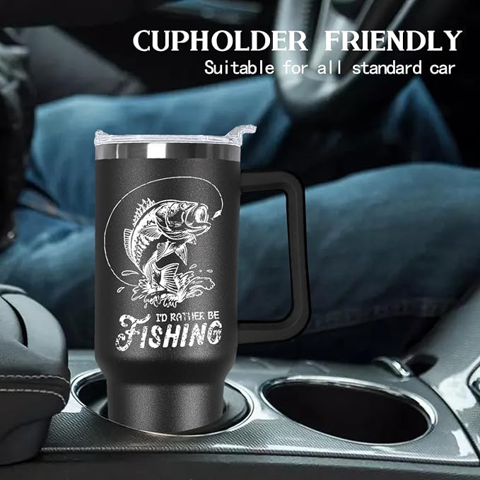 Ceovfoi 40 oz Black Stainless Steel Tumbler With Handle, Fishing Gifts for Men, American Flag Patriotic Cup