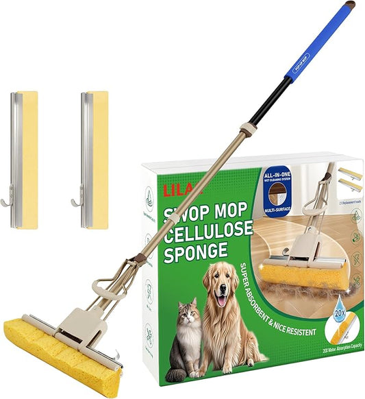 LILAC Cellulose Sponge Mop with 2 Replacement Heads, 4-Color Handle Choices for Zoned Cleaning, Super Absorbent Pop Up Roller Mop for Hardwood,Laminate Floors, Heavy Duty Floor Scrubber (Blue)