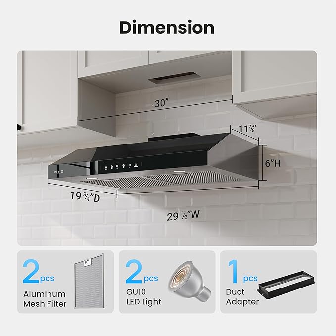 VIKIO HOME 30 Inch Under Cabinet Range Hood 900 CFM, Dual Motor Powerful Kitchen Vent Hood, Gesture & Touch Control, Ultra Quiet DC Motor, Dishwasher-Safe Filters, LED Lights, Glass Black
