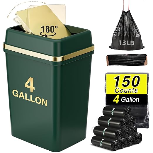Bathroom Trash Can with Lid 4 Gallon Trash Can with Swing Lid Dark Green Small Garbage Can Bathroom Garbage Can with 150 Counts Trash Bags for Kitchen Bedroom Office
