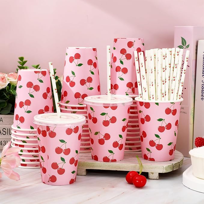 50 Sets Cherry Paper Cups with Paper Straws Plastic Lids 12OZ Red Pink Cherry Disposable Coffee Tea Cups for Summer Fruit Birthday Party Juice Drink Beverage Bar Supplies