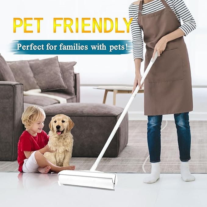 45 Inch Long Handle Lint Roller Extra Sticky for Carpet, 9.45'' Large Surface Pet Hair Remover for Couch, Sticky Roller for Floor Pick Up Larger Pieces, by Frescares, 1 Roller Stick+4 Roller Refills
