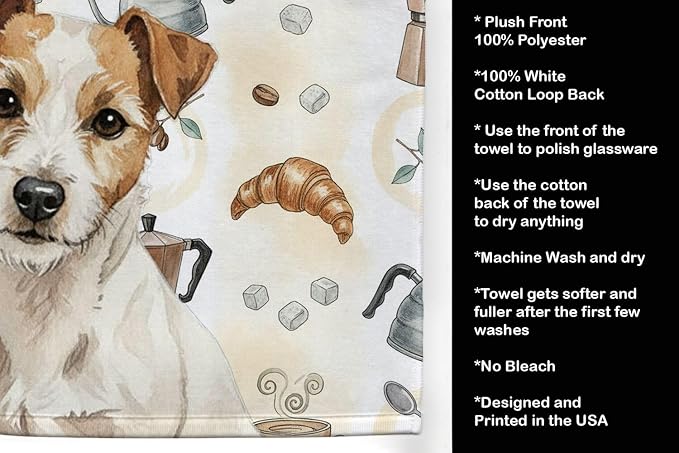 Caroline's Treasures White with Tan Markings Russell Terrier Coffee Bar Kitchen Towel Velour Plush Front and Cotton Loop Back Machine Washable