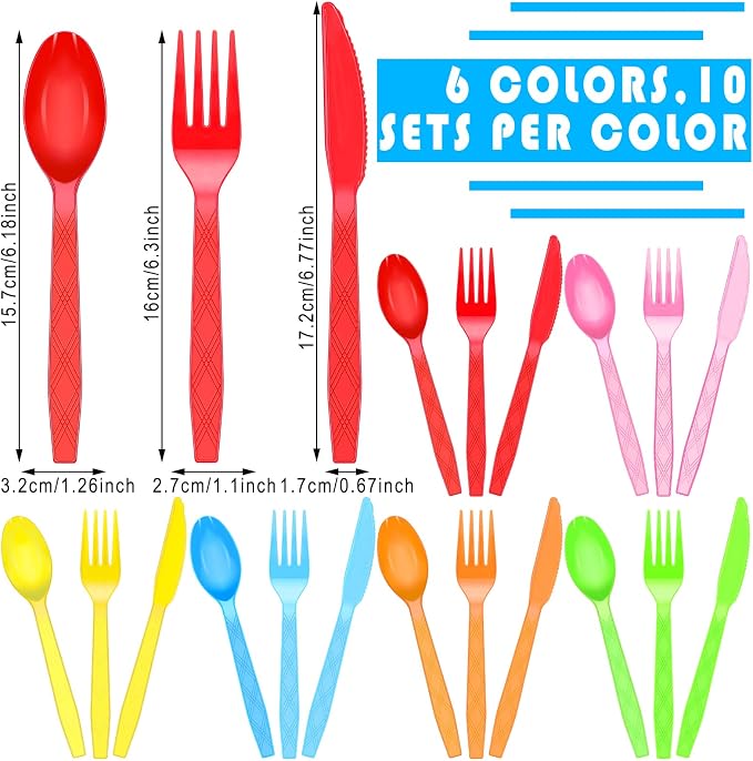 Hoolerry 180 Pcs Disposable Colorful Plastic Silverware Set Neon Party Rainbow Plastic Cutlery Utensils Bulk Includes Forks Spoons Knives for Parties Wedding Supplies Favors, 6 Colors