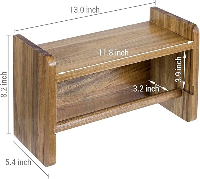 MyGift Hanging Paper Towel Roll Holder, Premium Acacia Solid Wood Farmhouse Wall Mounted Kitchen Napkin Dispenser Rack with Top Storage Shelf Spice Racks