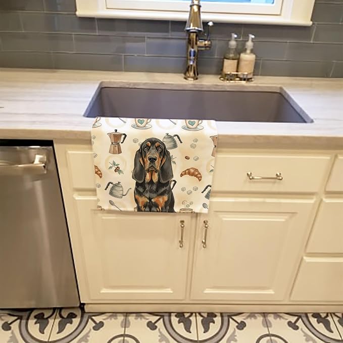 Caroline's Treasures Black and Tan Bloodhound Coffee Bar Kitchen Towel Velour Plush Front and Cotton Loop Back Machine Washable