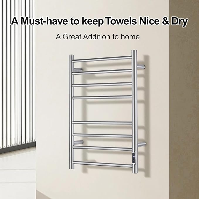 Towel Warmer Bathroom Wall Mounted Drying Rack Plug-in Electric Heated Towel Rack Stainless Steel Brushed Timer & Temperature Control 8 Bar