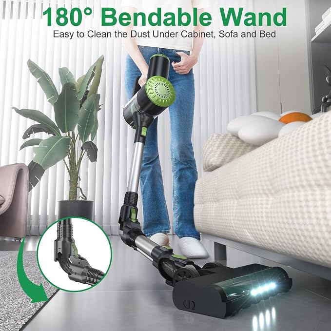 PRETTYCARELIFE 6-in-1 Cordless Vacuum Cleaner,Stick Vacuum with 180° Bendable Wand,High Power/Powerful Suction/Long Runtime,Self-Standing Wireless Vacuum for Hardwood Floor (Green)