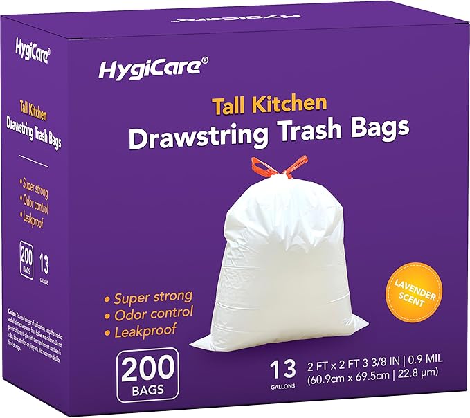 HygiCare 13 Gallon Tall Kitchen Trash Bags, Lavender Scented 200 Count Drawstring Garbage Bags, Pre-Separated, Odor Control, Ultra Strong, Leakproof, Sturdy, White