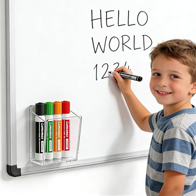 Acrylic Whiteboard Marker Holder, Magnetic or Adhesive Mount Marker Organizer for Fridge, Classroom and Office, Clear Dry Erase Marker Storage, Holds 8+ Markers