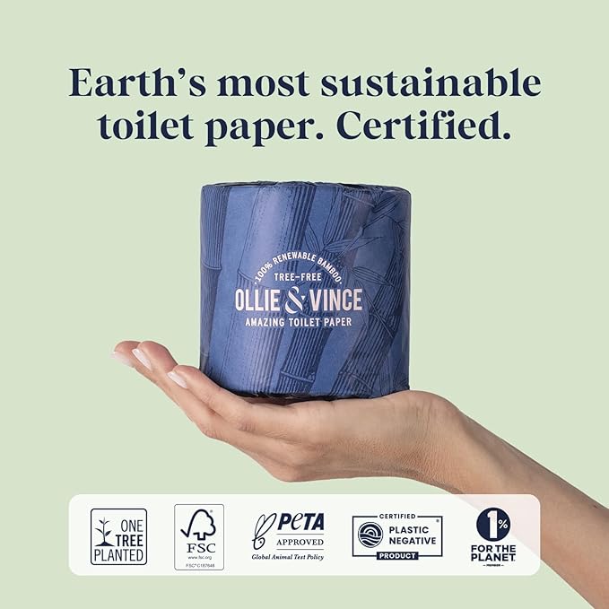 Ollie & Vince Bamboo Toilet Paper | Sustainable, Eco-Friendly, Plastic-Free & Tree-Free, Organic | 24 Rolls, 3-Ply, Soft, Strong & Septic Safe, Unscented | Premium Bathroom Tissue