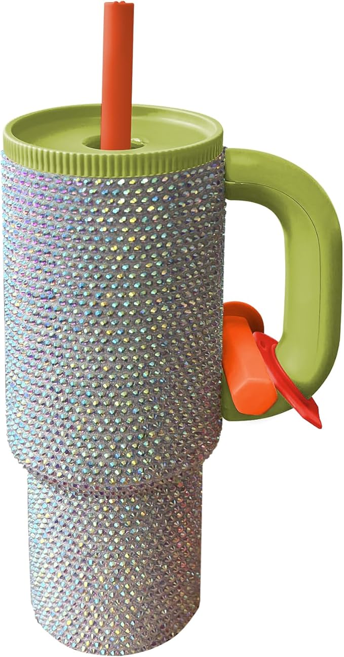 HWISDMIG 40oz Tumbler with Handle-Glitter Rhinestones Tumbler Bling Cups Stainless Steel Water Bottle Diamond Studded Tumbler for Women-Birthday Gifts for Women, Mom, Girlfriend (Forest)