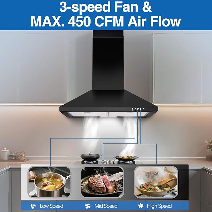 SNDOAS Range Hood 24 inch, 450 CFM Black Range Hood Wall Mount, Ducted/Ductless Convertible Kitchen Vent Hood, Chimney-Style Hood Vents for Kitchen with 3-speed, Push Button & Mesh Filters