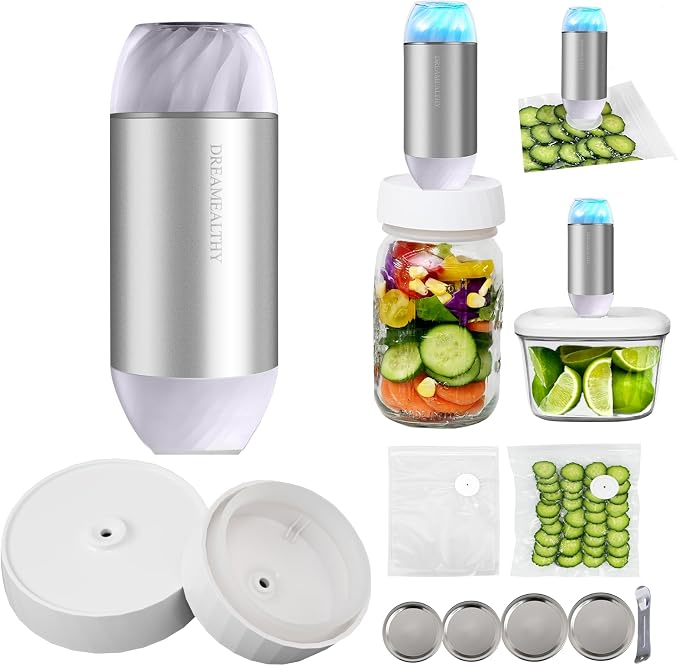 Automatic Mason Jar Sealer Kit – Vacuum Seal in 10S, Auto Stop, Compact Handheld Vacuum Sealing Machine for Canning Jars, Wide & Regular Mouth, 2 Sous Vide Bags. VP04-masonsets
