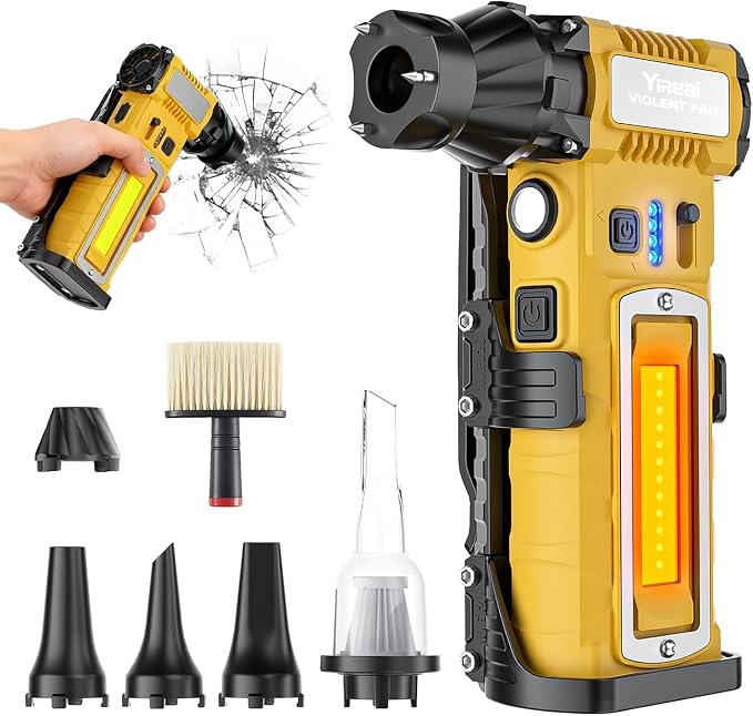 Compressed Air Duster,7-in-1 Electric Mini Dust Blower with LED Light, 8000mAh 300000RPM Rechargeable Air Duster for PC Keyboard Computer Car Vents Electronics Cleaner Home and Outdoor（Yellow）