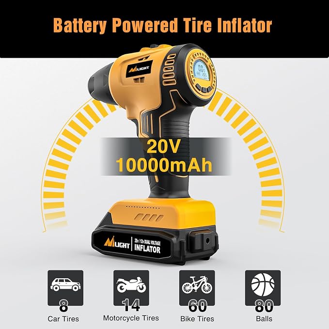 Nilight Cordless Tire Inflator Air Compressor Dual Power Supply 20V Rechargeable Battery Powered 150PSI Handheld Air Portable Pump with 12V Adapter Digital Pressure Gauge for Cars Motorcycles