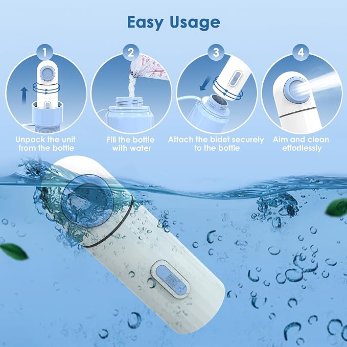 Portable Bidet for Travel – 350ml High Pressure Handheld Electric Portable Bidet - IPX7 Waterproof, Pocket-Sized Rechargeable Travel Budet Bottle for Women, Men & Baby - Personal Hygiene Cleaning
