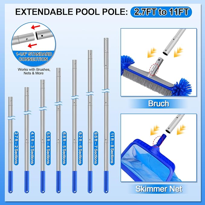 Heavy Duty Pool Cleaning Kit with Aluminum Pole, Wall Brush & Leaf Skimmer | 10.5FT Telescoping Pole, 17" Nylon Bristle Brush, Leaf Rake, Handheld Sponge brush, Fits Inground & Above Ground Pools