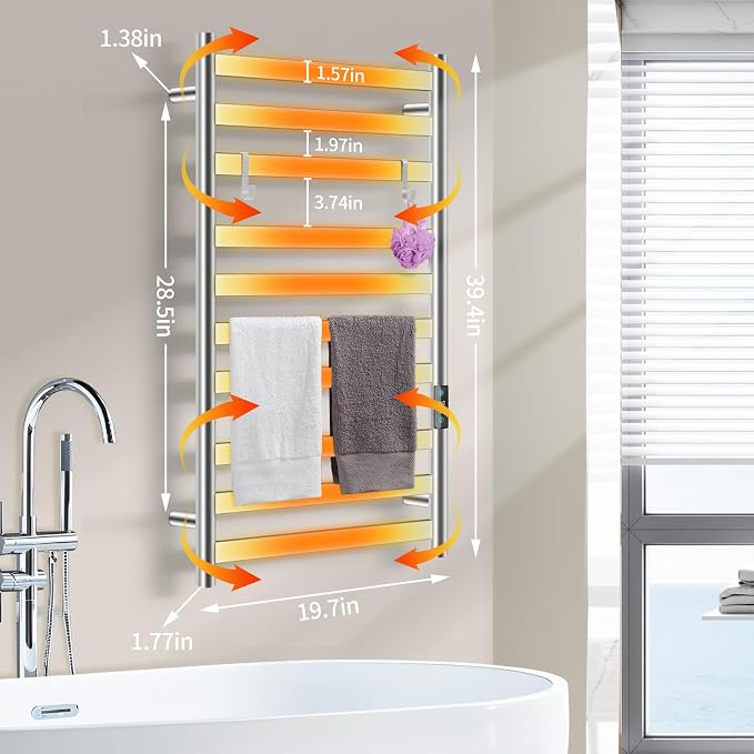 Heated Towel Rack for Bathroom, Towel Warmer with 10 Bar Flat Rack Large, Electric Hot Towel Rack Wall Mounted, LED Buit-in Timer, Plug-in, Stainless Steel, Fast Heating, Brushed Nickel