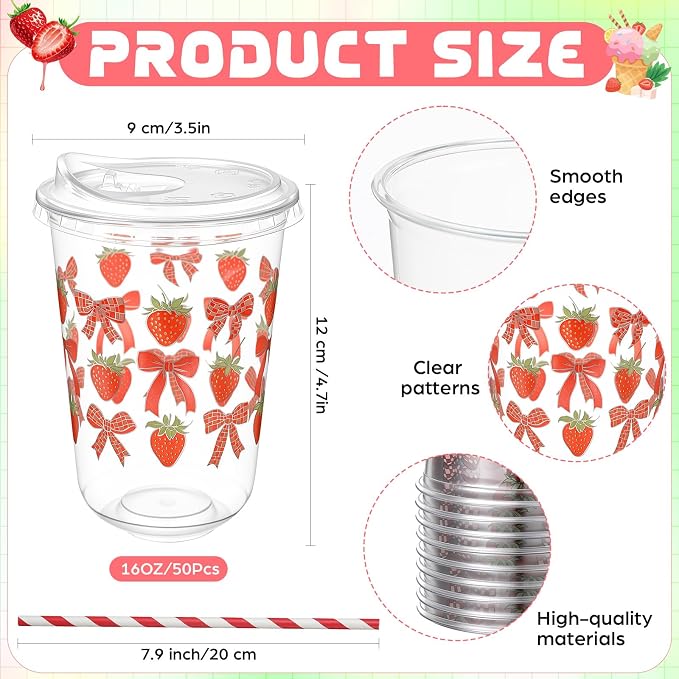 Rtteri 50 Sets Strawberry Plastic Cups with Lids and Straws 16 oz Red Bow Strawberry Disposable Cups Bulk Clear Drinking Cup for Berry First Birthday Baby Shower Party Decoration Supplies