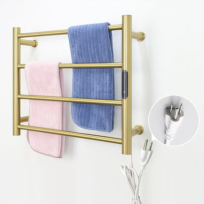 Heated Towel Rack Gold, 4 Bars Towel Warmer Rack for Bathroom Wall Mounted, Timer & Temperature Control Electric Towel Drying Rack (4 Bars Brushed Gold D, Plug-in)